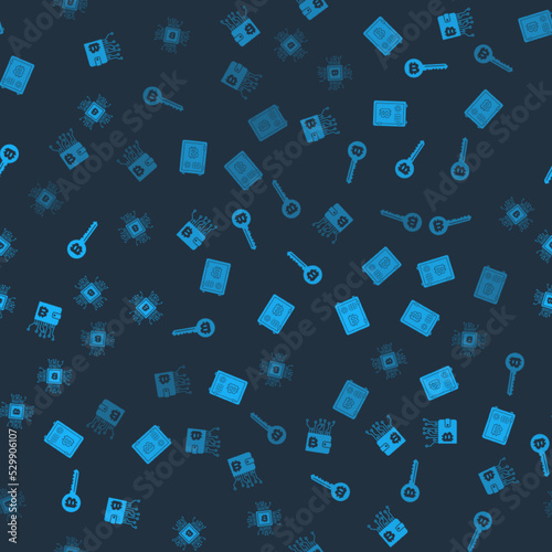 Set Cryptocurrency wallet, Proof of stake, key and CPU mining farm on seamless pattern. Vector