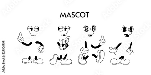 Vintage cartoon hands in gloves and feet in shoes. Cute animation character body parts. Comics arm gestures and walking leg poses vector set. Different foot movements and positions