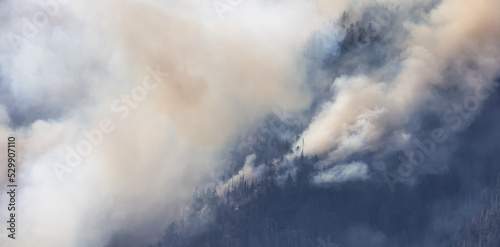 BC Forest Fire and Smoke over the mountain near Hope during a hot sunny summer day. British Columbia, Canada. Wildfire natural disaster