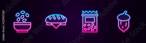Set line Seeds in bowl, Bread loaf, Pack full of seeds of plant and Acorn, oak nut,. Glowing neon icon. Vector