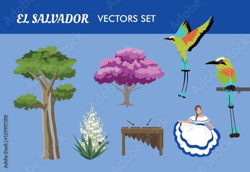 VECTORS. El Salvador National symbols. Great for the independence day, cultural and patriotic events. Isolated graphics. photo