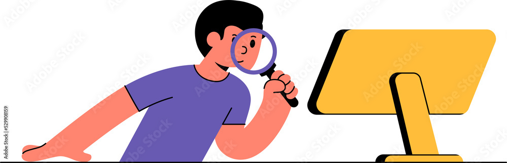Man with magnifying glass in his hand looks at the monitor and research. Concept abstract online internet reserch vector illustration