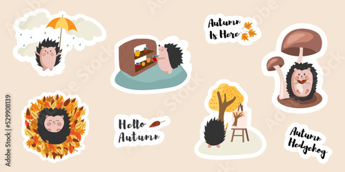 Big vector set of autumn stickers. Autumn elements: leaves, hedgehog, mushrooms, lettering, jam, umbrella. Hello, Autumn. Autumn is here. Elements for stickers, postcards, textiles.
