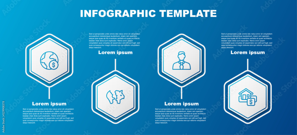 Set line Global economic crisis, Broken piggy bank, Worker and Hanging sign with Sale. Business infographic template. Vector