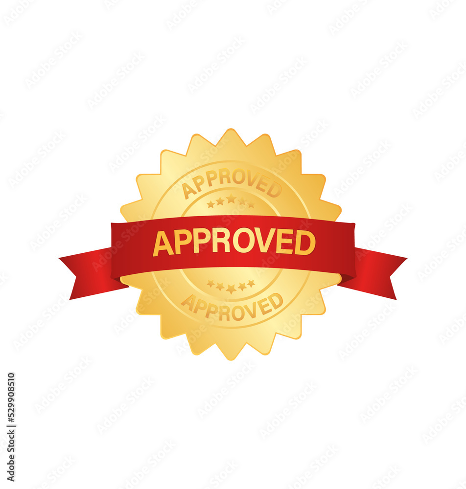 Approved 3d gold badge with red ribbon sign, label isolated on white background. Approved 3d gold badge with red ribbon sign, label isolated on white background.