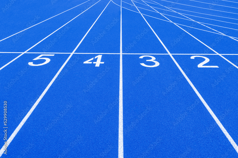 Blue track and field lanes and numbers. Running lanes at a track and field athletic center. Horizontal sport theme poster, greeting cards, headers, website and app