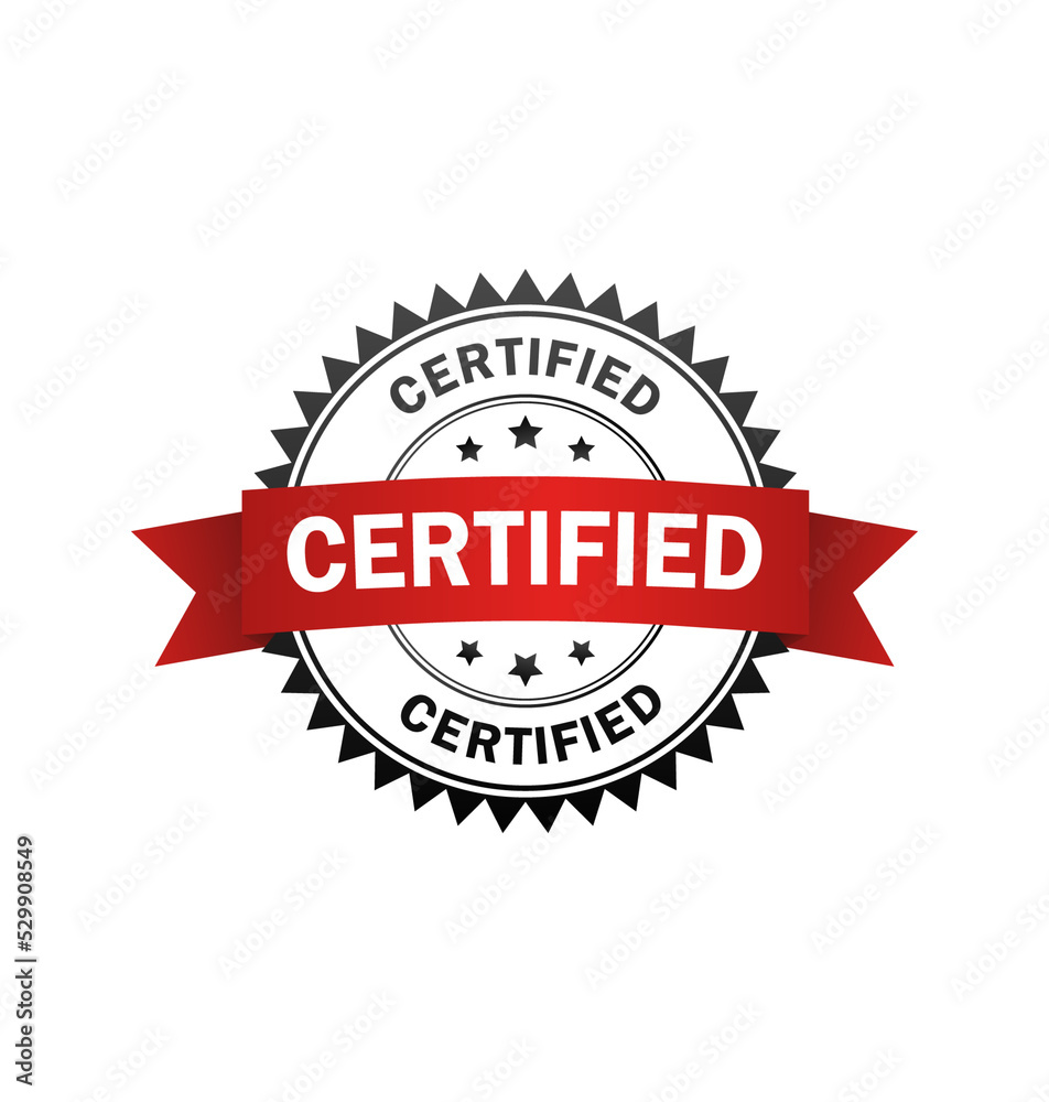 Obraz premium Certified label. Certified black-red stamp with band. Vector illustration.
