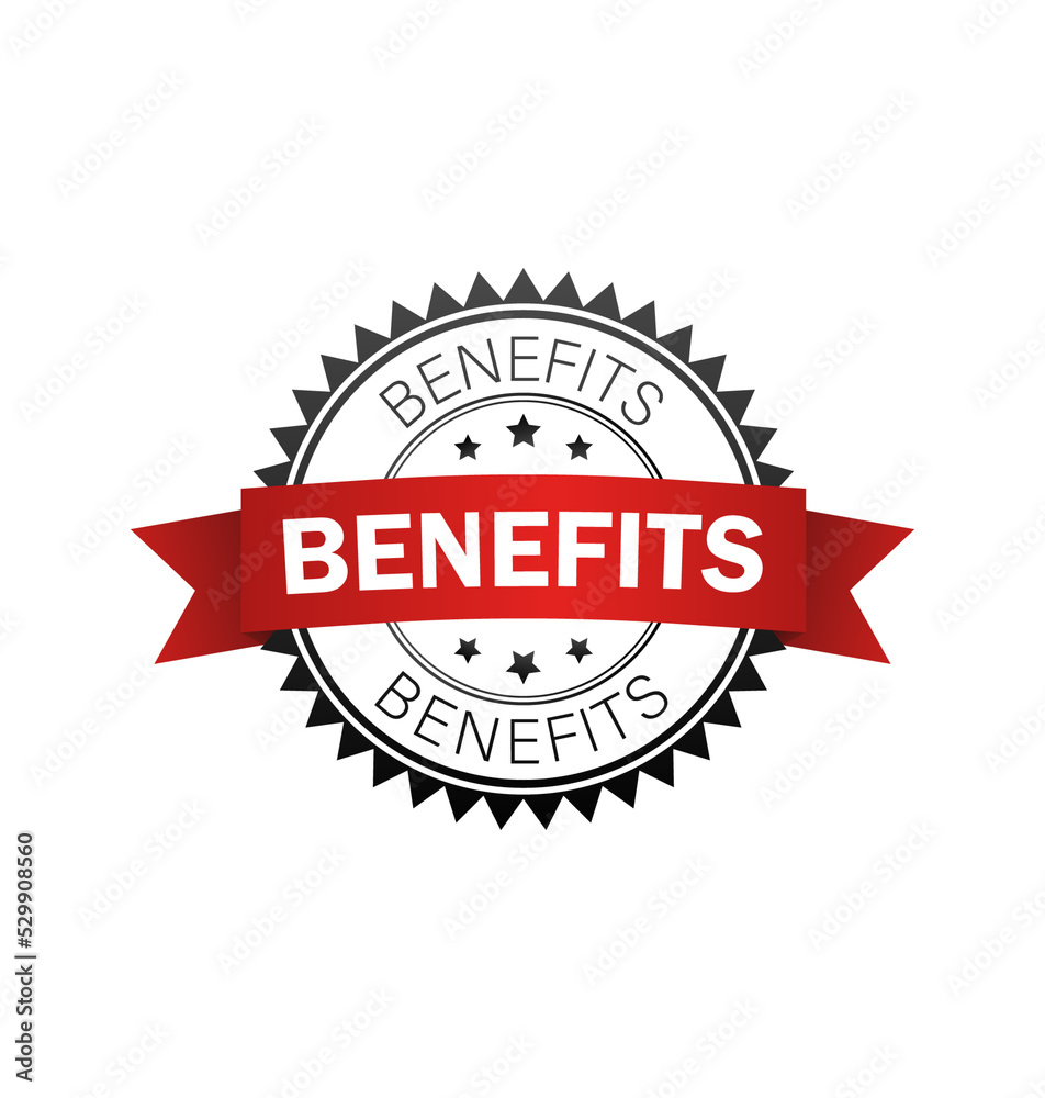 Benefits label. Benefits black-red stamp with band. Vector illustration.