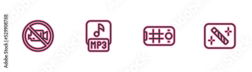 Set line Prohibition no video recording, Selfie mobile, MP3 file and Photo retouching icon. Vector