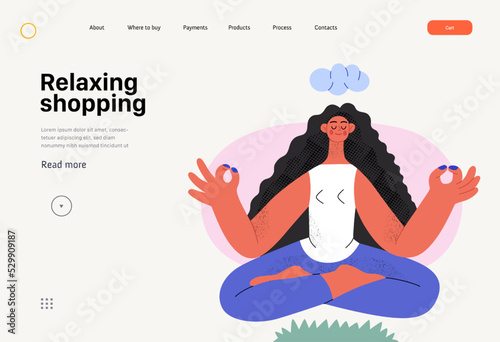 Relaxing shopping -Online shopping and electronic commerce web tamplate -modern flat vector concept illustration of meditating woman in lotus pose. Promotion, discounts, sale and online orders concept