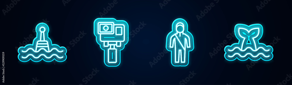 Set line Floating buoy, Action extreme camera, Wetsuit for scuba diving and Whale tail. Glowing neon icon. Vector Set line Floating buoy, Action extreme camera, Wetsuit for scuba diving and Whale tail. Glowing neon icon. Vector