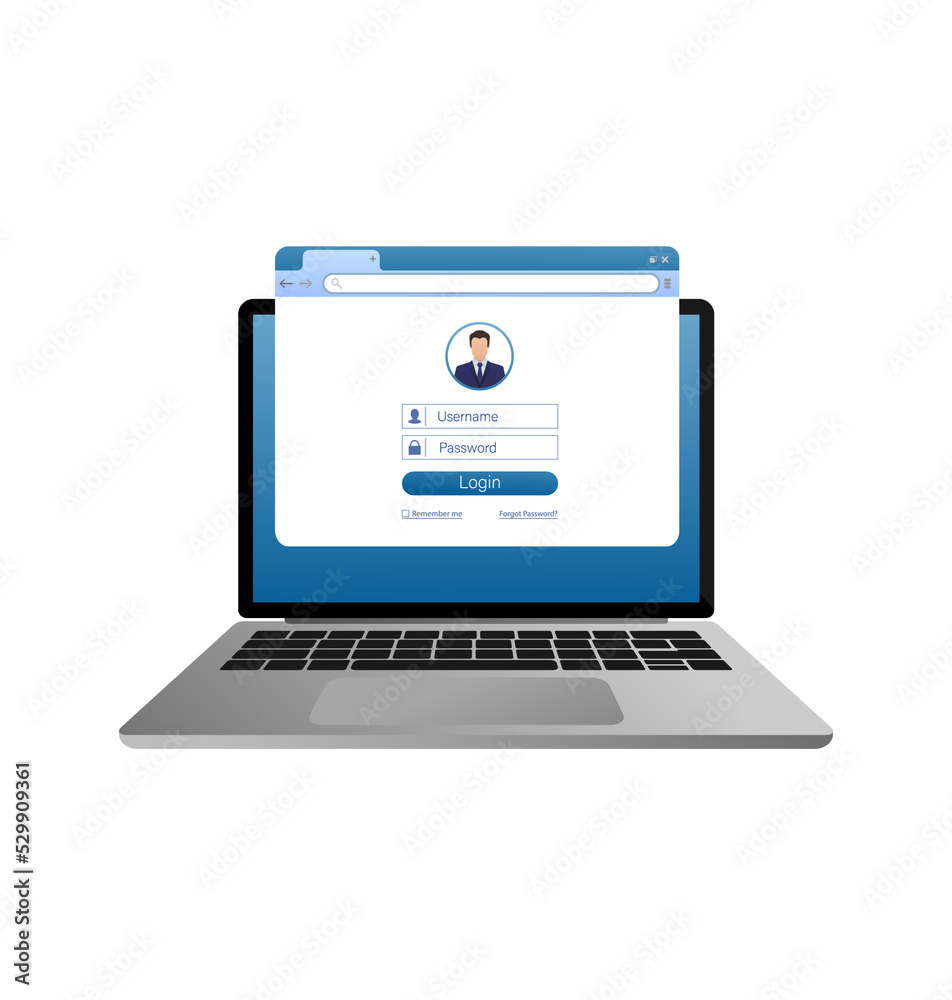 Flat illustration with blue user login laptop. Vector, flat design. Laptop vector icon illustration. Flat illustration with blue user login laptop. Vector, flat design. Laptop vector icon illustration.