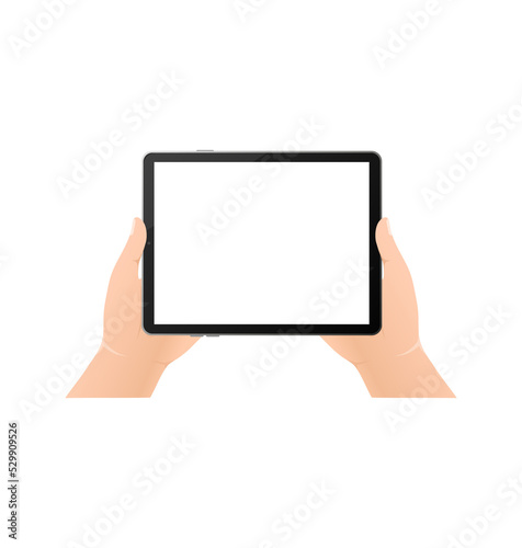 Modern flat illustration with black empty tablet hands on white background. Digital technology. Modern flat illustration. Web design.