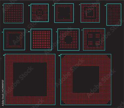 A footprint for mounting an electronic
component on a printed circuit board. Assembly 
drawing of the printed circuit board.
Surface mounting, BGA component.