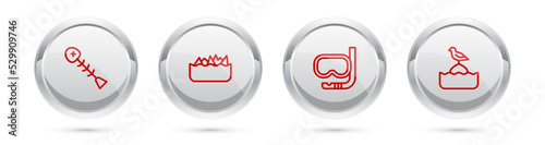 Set line Dead fish, Sharp stone reefs, Diving mask and snorkel and Seagull sits buoy. Silver circle button. Vector