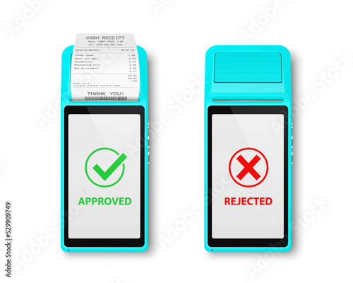 Vector 3d NFC Payment Machine with Approved, Rejected Status and Receipt Isolated. Wi-fi, Wireless Payment. POS Terminal, Machine Design Template of Bank Payment Contactless Terminal, Mockup. Top VIew