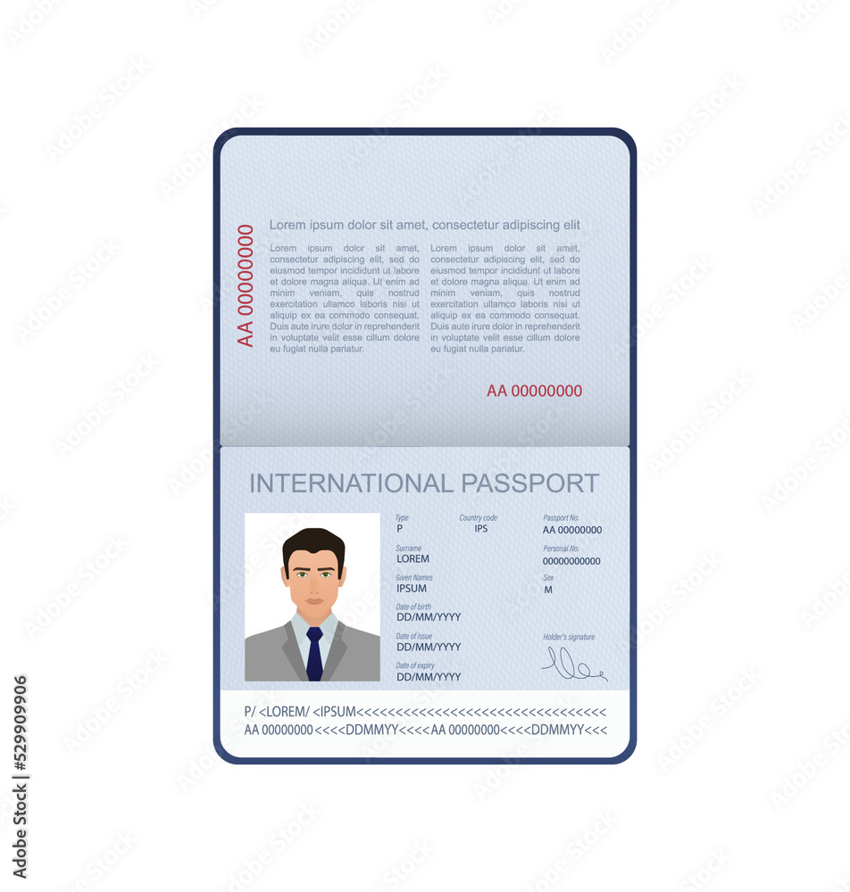 3d card International passport in flat style on white background. Blank