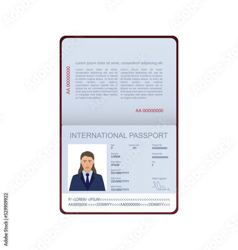 3d card International passport in flat style on white background. Blank template. Cover page. International passport, great design for any purposes. photo