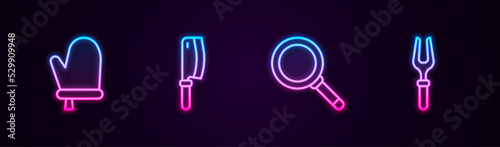Set line Oven glove, Meat chopper, Frying pan and Barbecue fork. Glowing neon icon. Vector