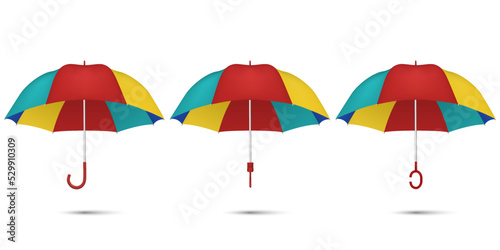 Vector 3d Realistic Multicolored Blank Umbrella Set Isolated on White Background. Design Template of Opened Parasol, Front View