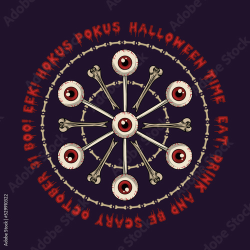 Round halloween mandala like magic circle with human eyeball with red iris, bones, tradition halloween phrases, words, bloody letters. Eyes on stick like lollypop.