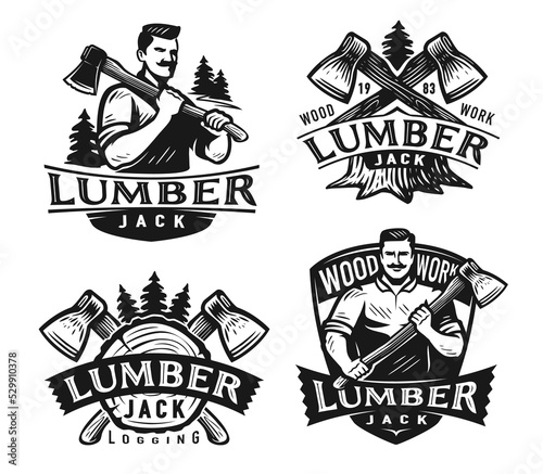 Lumberjack badge set. Woodwork, felling trees emblem. Wood industry monochrome labels set. Vector illustration isolated