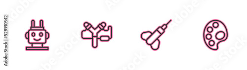 Set line Robot toy, Dart arrow, Slingshot and Palette icon. Vector