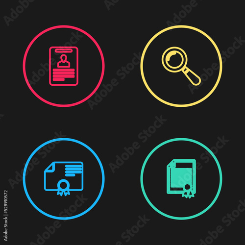 Set line Certificate template, , Magnifying glass and Identification badge icon. Vector