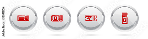 Set line Ticket, Train ticket, Airline and . Silver circle button. Vector