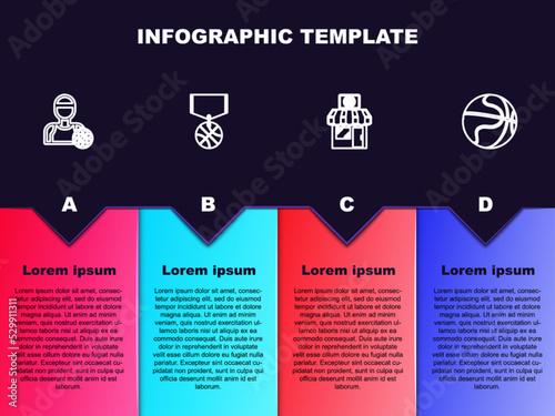 Set line Basketball player, medal, Sports shop and basketball and . Business infographic template. Vector