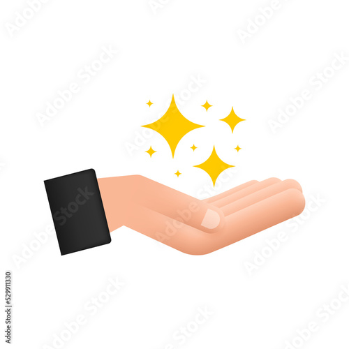 Yellow sparkles symbols in hands. The set of original vector stars sparkle icon. Bright firework, decoration twinkle, shiny flash. vector illustration.