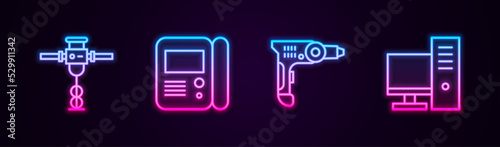Set line Construction jackhammer, House intercom system, Electric drill machine and Computer monitor. Glowing neon icon. Vector