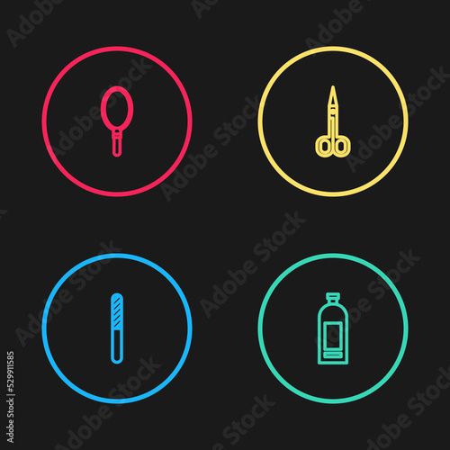 Set line Nail file, Bottle of shampoo, Scissors and Hand mirror icon. Vector