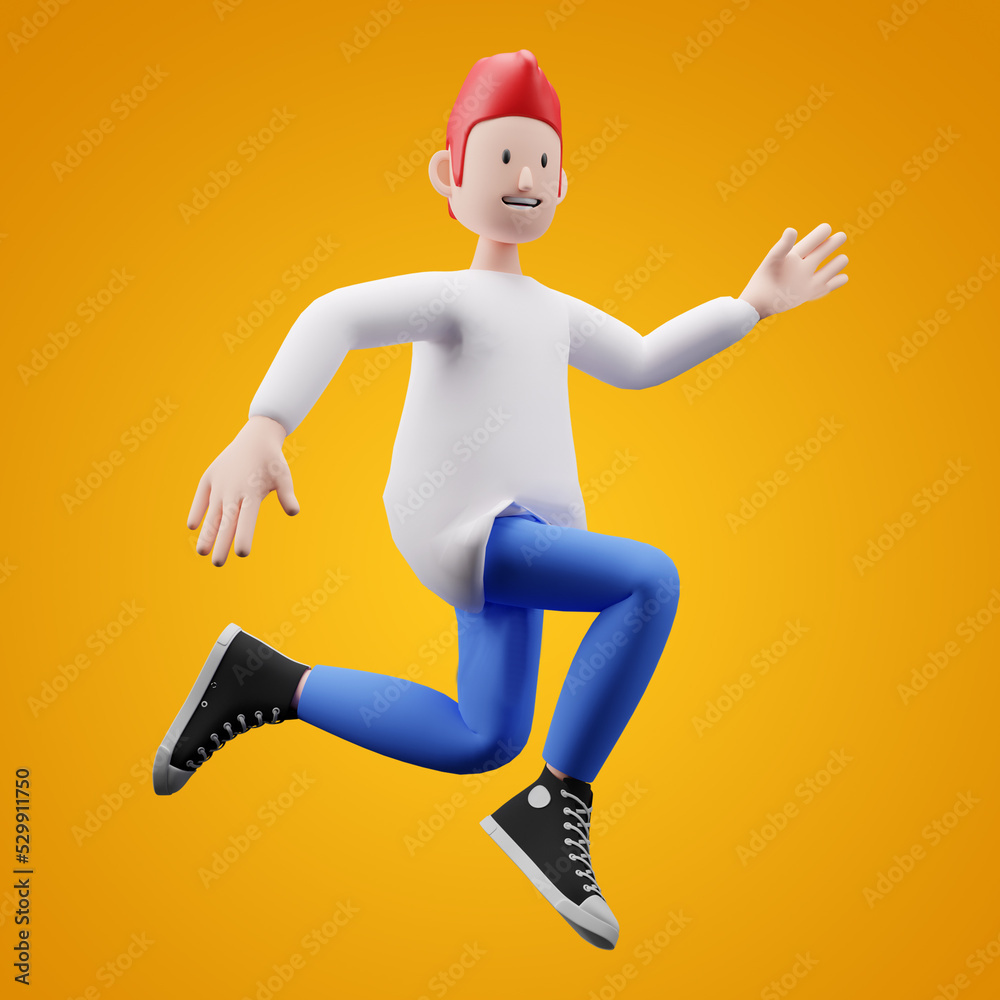 A jumping 3d character of a child on a vibrant yellow background A jumping 3d character of a child on a vibrant yellow background