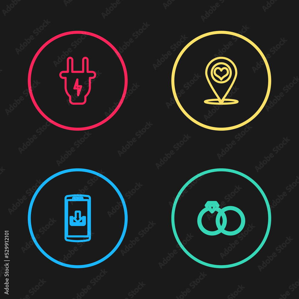 Set line Smartphone with download, Wedding rings, Map pointer heart and Electric plug icon. Vector Set line Smartphone with download, Wedding rings, Map pointer heart and Electric plug icon. Vector