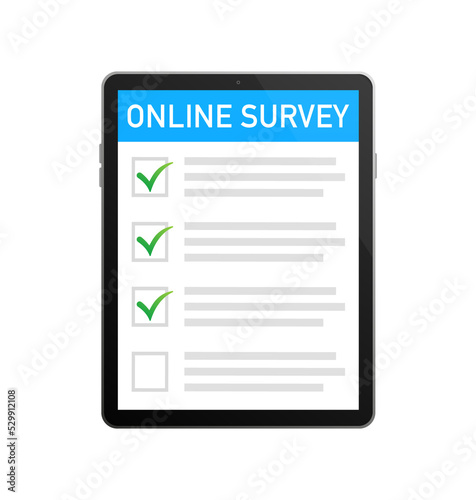 Checklist on tablet screen. Online survey concept. Hand holds tablet and check list with checkmark. Icon for mobile app design. Vector illustration.