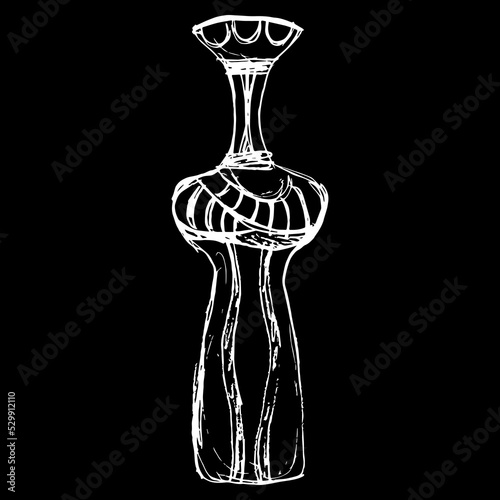 Mycenaean figurine of stylized woman or goddess. Ancient Greek art. Hand drawn linear doodle rough sketch. White silhouette on black background.