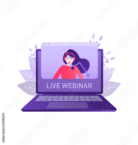 Live webinar laptop people. Laptop, video tutorial. Computer screen. Online school. Video conference illustration. Internet technology. Online education icon.