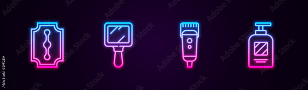 Set line Blade razor, Hand mirror, Electrical hair clipper shaver and Bottle of shampoo. Glowing neon icon. Vector Set line Blade razor, Hand mirror, Electrical hair clipper shaver and Bottle of shampoo. Glowing neon icon. Vector