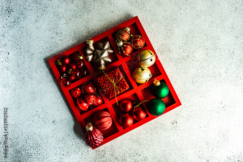 Red wooden box with festive decorations photo