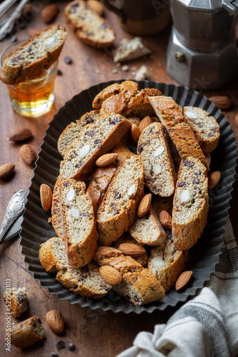 Italian cantucci biscuits with almonds and chocolate chips photo