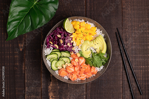 Delicious poke bowl with assorted veggies rice and salmon
