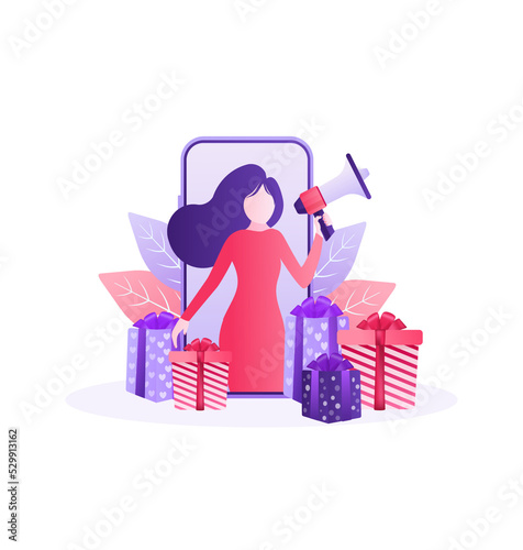 Online reward Vector flat design. Flat isometric vector illustration. Group of happy people receive a gift box illustration concept.