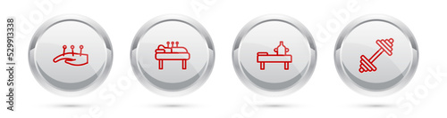 Set line Acupuncture therapy, , Massage table with oil and Dumbbell. Silver circle button. Vector