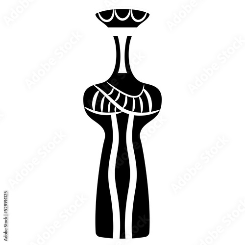 Mycenaean figurine of stylized woman or goddess. Ancient Greek art. Black and white silhouette.