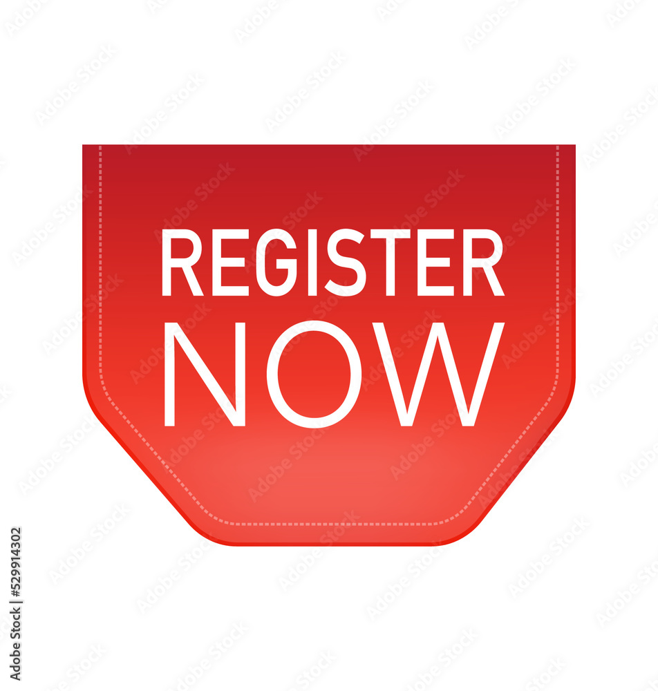 Register now red ribbon isolated on white background. Red label, banner for any purposes. Vector illustration. Register now red ribbon isolated on white background. Red label, banner for any purposes. Vector illustration.