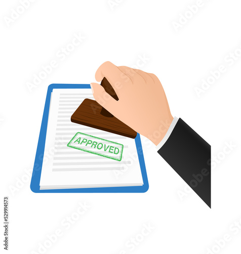 Flat icon with approved stamp hand for paper design. Business concept. Vector illustration.
