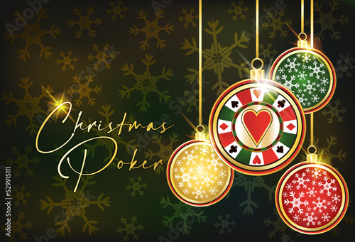 Happy New  year. Christmas Casino banner with hearts poker chip, vector illustration