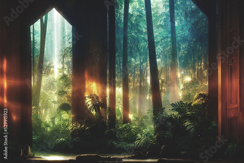 A large arch-shaped window, a portal in the Dark Mystical Forest, the sun's rays pass through the window and trees, shadows. Fantasy beautiful forest fantasy landscape. 3D illustration. 