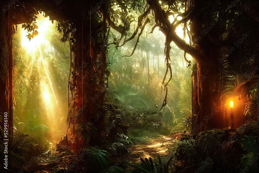A large arch-shaped window, a portal in the Dark Mystical Forest, the sun's rays pass through the window and trees, shadows. Fantasy beautiful forest fantasy landscape. 3D illustration. 